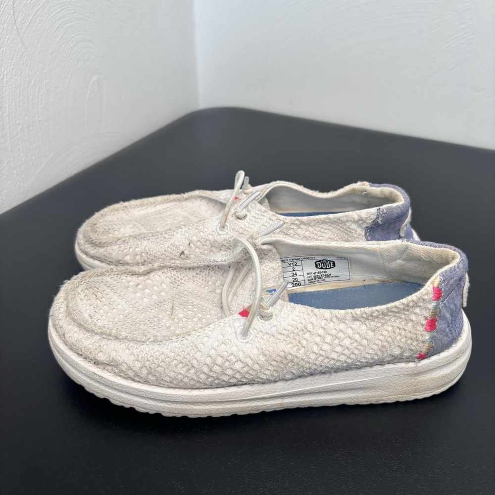 Hey Dude Youth Wendy Boho Crochet Sz 2Y Slip‎ On Shoes White Casual Comfort